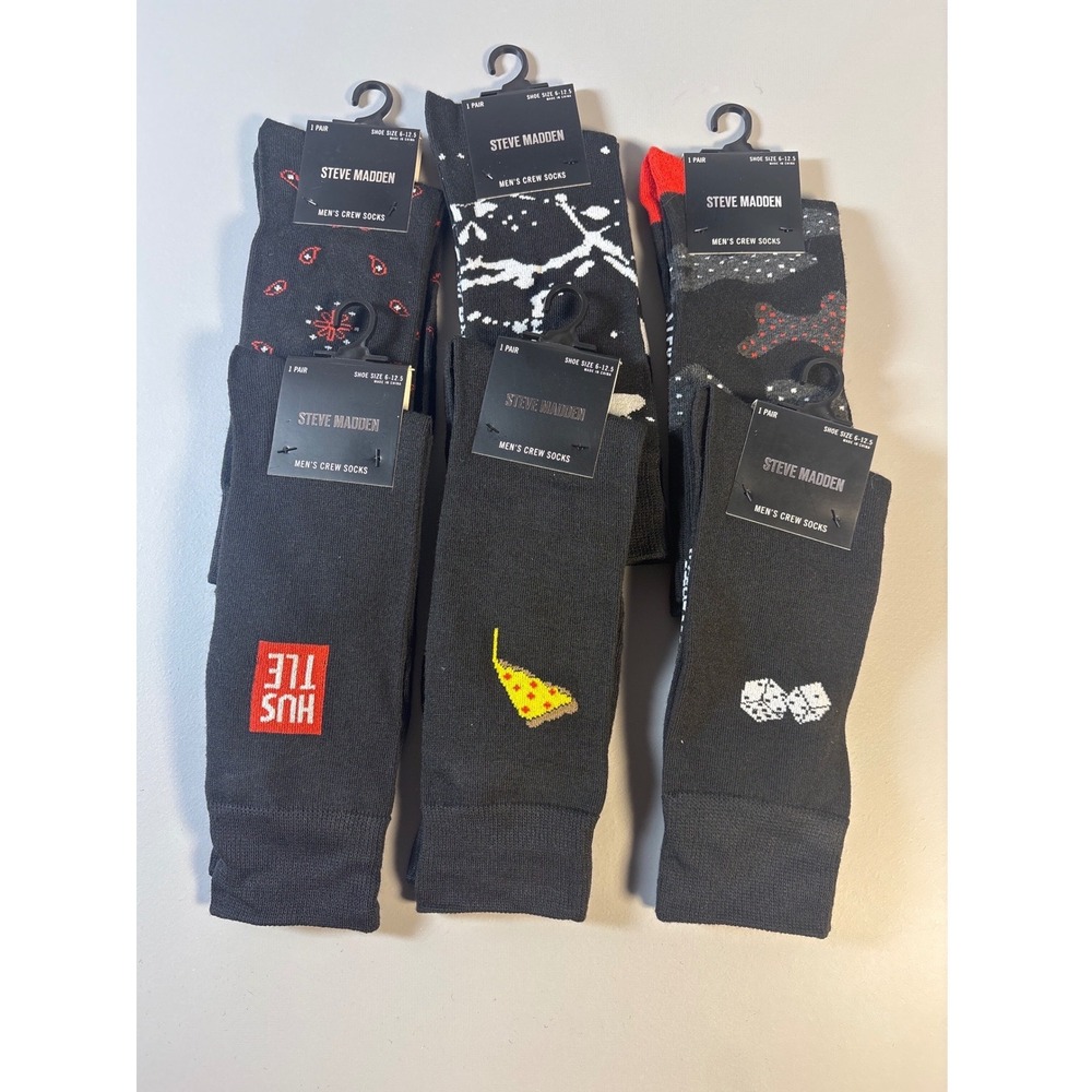 Steve Madden Men's Crew Socks 6 Pack Variety Novelty Pizza Dice Hustle New
